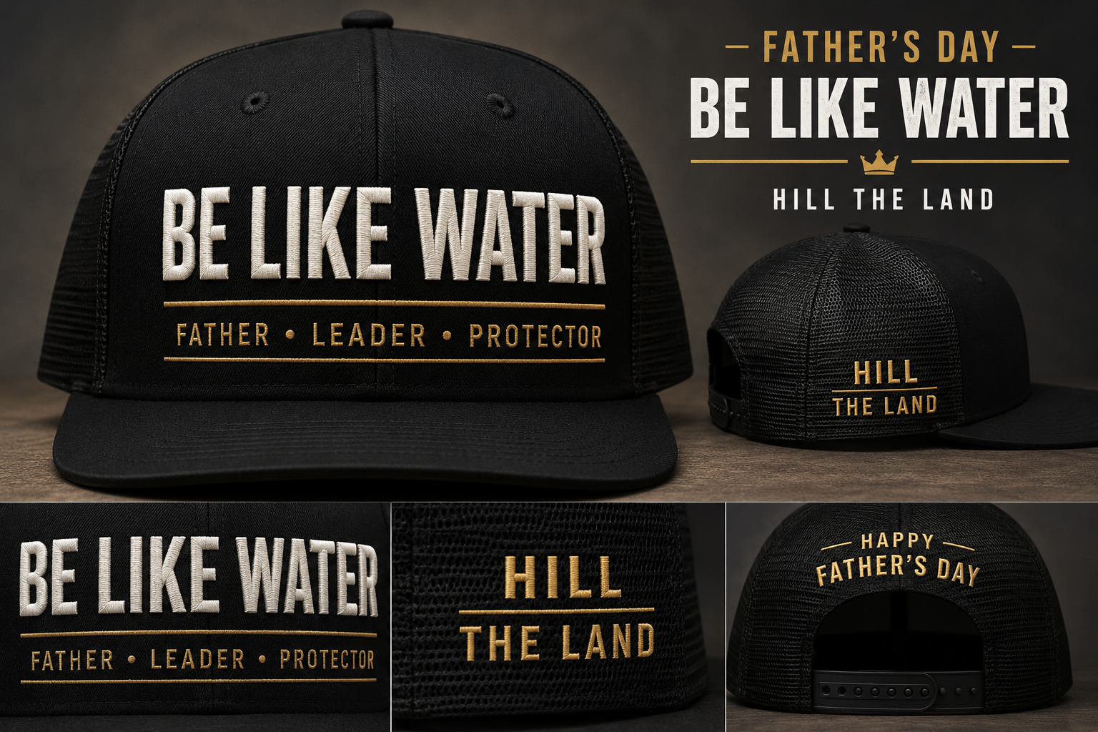 Be Like Water Dad Cap — 'Father • Leader • Protector' Embroidered White Baseball Hat (Father's Day Gift)